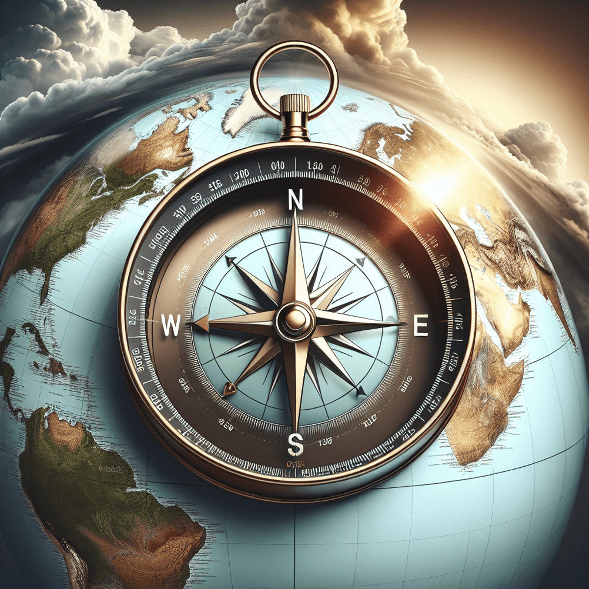 A compass on a world map with stormy weather and clear skies, symbolizing risk navigation and management.