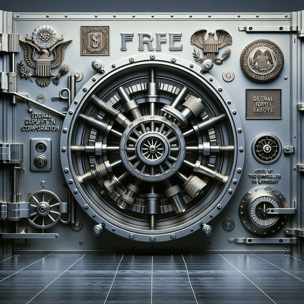 A highly detailed image of a secure bank vault door with complex mechanical locks and a radial gear mechanism. Decorative elements include an eagle fo