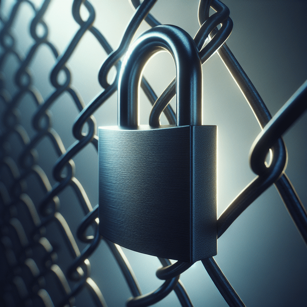 A padlock secured on a chain-link fence.