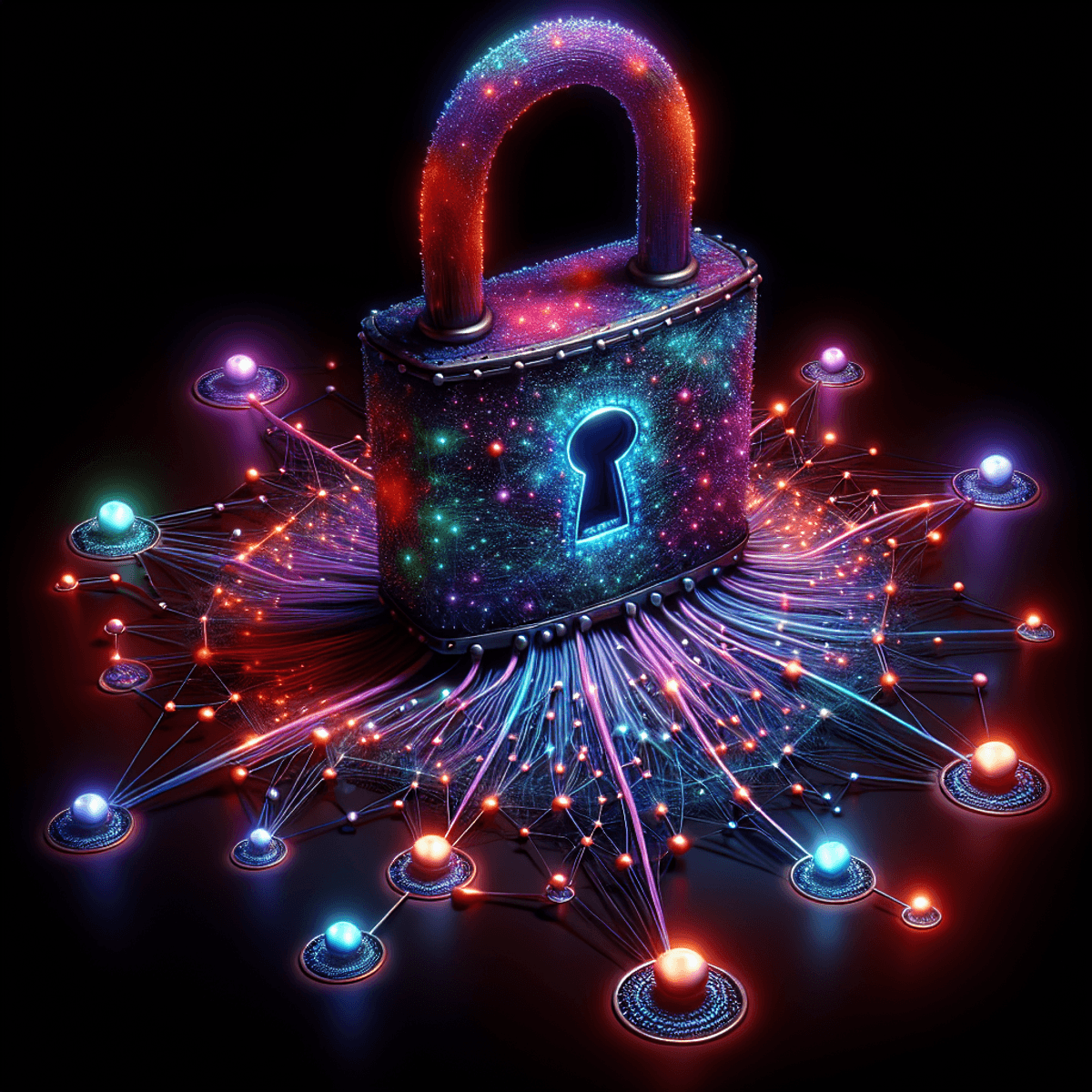 An intricately designed vibrant padlock protecting an elaborate network of interconnected nodes.